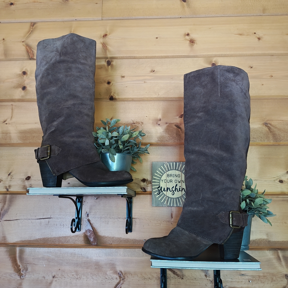 Nine West Vintage America Izusa Tall Brown Suede Leather Heel Riding Boot Sz 10M